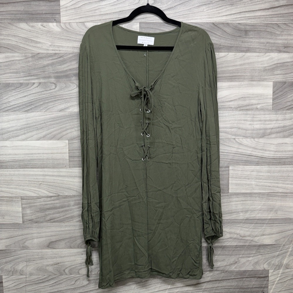 Kendall + Kylie Dress Womens L Green Rayon Long Sleeve Boho Lace-Up Front Casual
